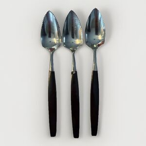 Vintage Retro Black Handle Serrated Grapefruit Spoons Japan‎ Stainless Set of 3